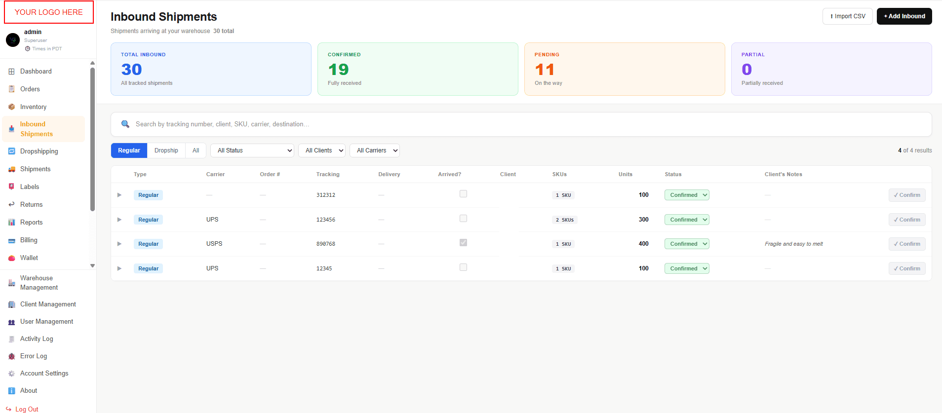 Inbound shipments list with carrier, tracking, SKUs, units and confirmation status