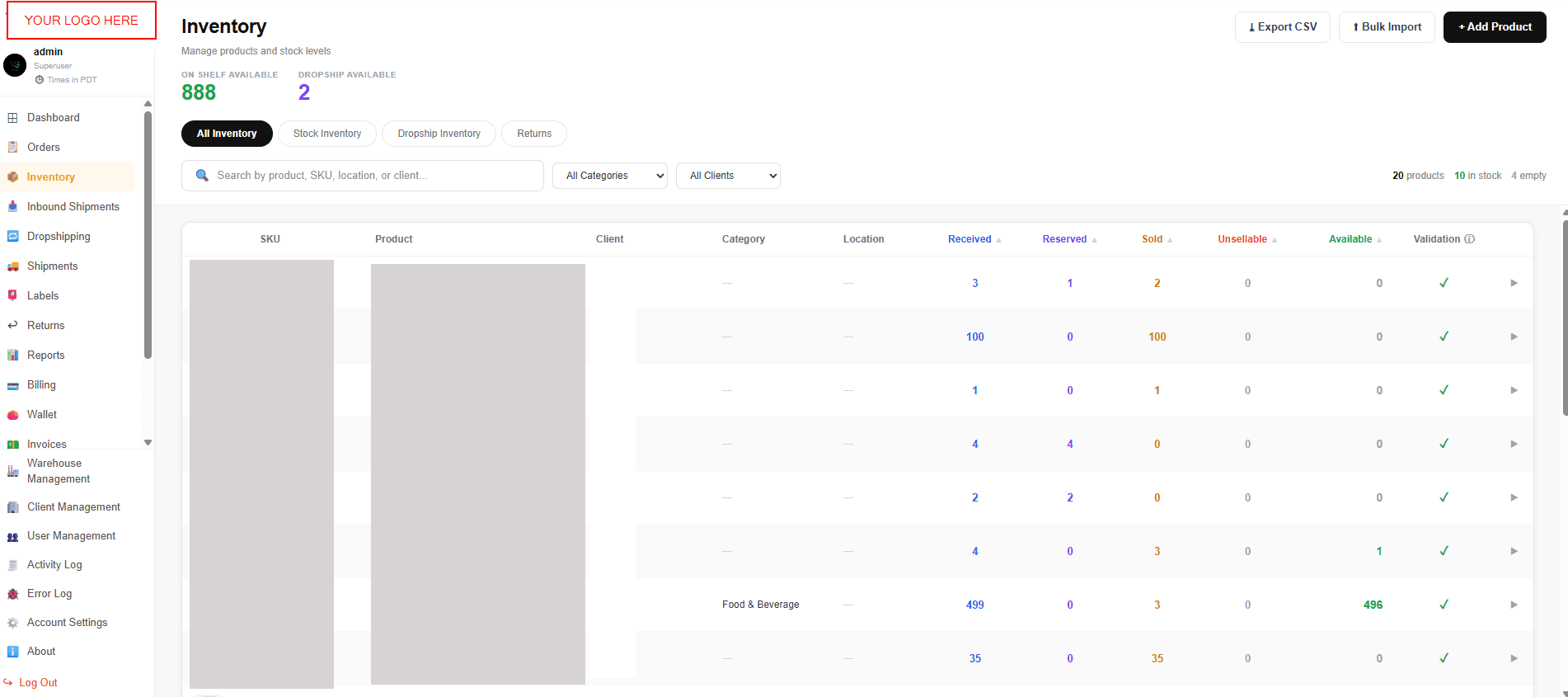 Inventory with received, reserved, sold, unsellable, available columns