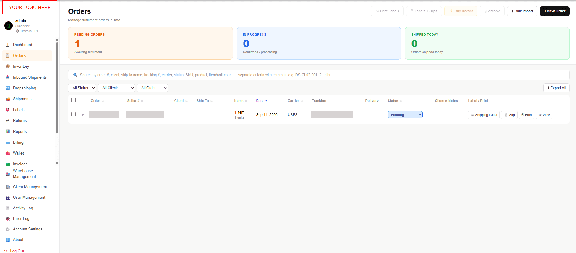 Orders list with label, packing slip, tracking and status on each row